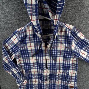L.L. Bean Women Plaid Flannel Hoodie Soft Blue White Small Petite PS Full Zip